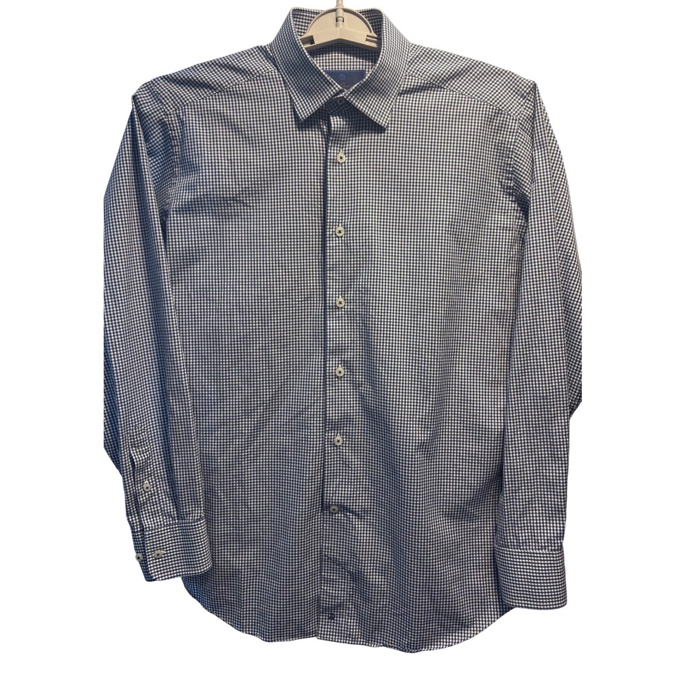 David Donahue Dress Shirt Mens 16.5 34/35 Navy Gingham Excellent Slim Fit Cotton